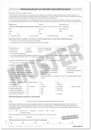 Anmeldeformular - Anamnese (DIN A4 - mit Recall-Einverständnis) 1007024507