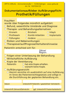 Dokumentationsaufkleber Aufklärungspflicht Prothetik / Füllungen 1007034129