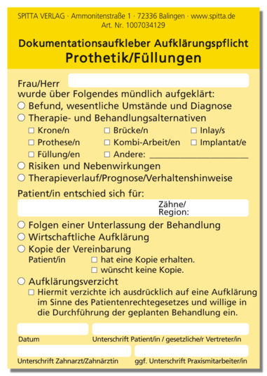 Dokumentationsaufkleber Aufklärungspflicht Prothetik / Füllungen 1007034129