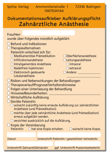 Dokumentationsaufkleber Aufklärungspflicht Zahnärztliche Anästhesie 1007034164