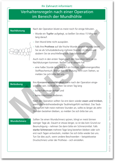Patientenmerkblatt "Verhaltensregeln nach einer OP in der Mundhöhle" 1007024312
