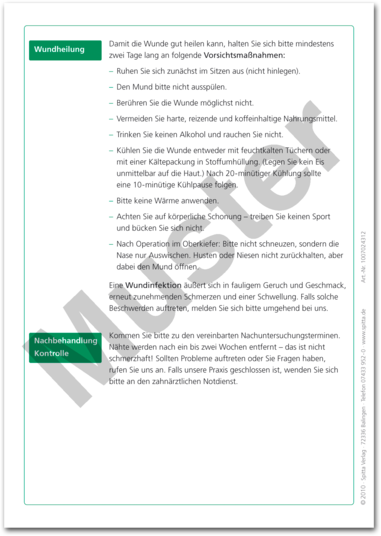 Patientenmerkblatt "Verhaltensregeln nach einer OP in der Mundhöhle" 1007024312