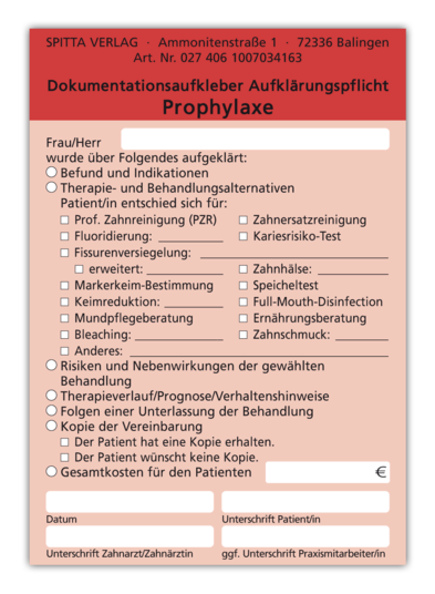 Dokumentationsaufkleber Aufklärungspflicht Prophylaxe 1007034163