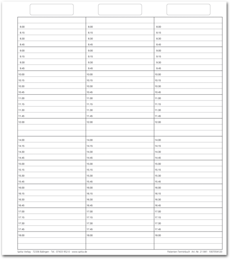 Einlageblatt Patienten-Terminbuch mit Uhrzeit (3-spaltig) 1007054110