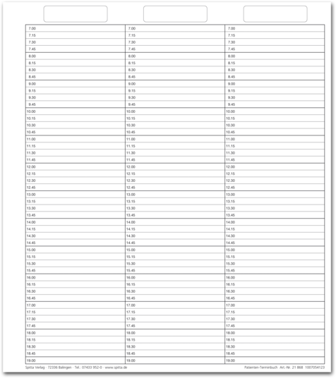 Einlageblatt Patienten-Terminbuch mit Uhrzeit durchgehend (3-spaltig) 1007054113