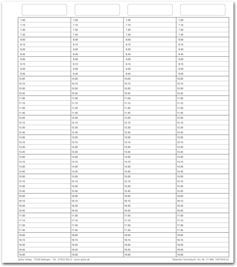 Einlageblatt Patienten-Terminbuch mit Uhrzeit durchgehend (4-spaltig, verstärkt) 1007054122