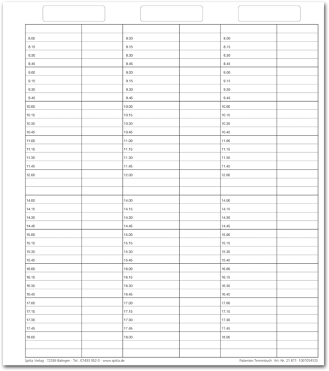 Einlageblatt Patienten-Terminbuch mit Uhrzeit (6-spaltig, verstärkt) 1007054125